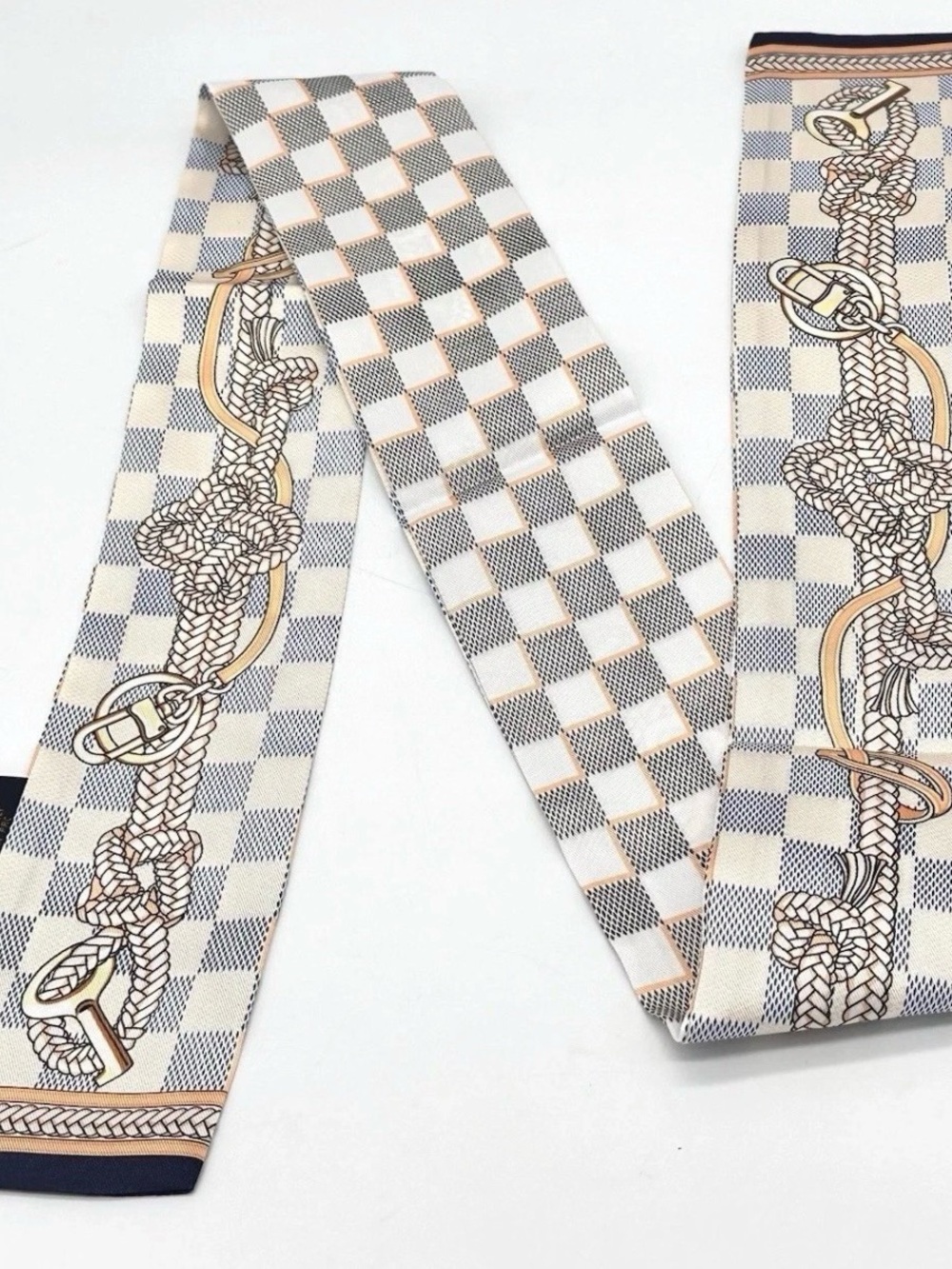 Checkered Nautical Rope & Lock-Twilly Bag Scarf - Cream & Navy